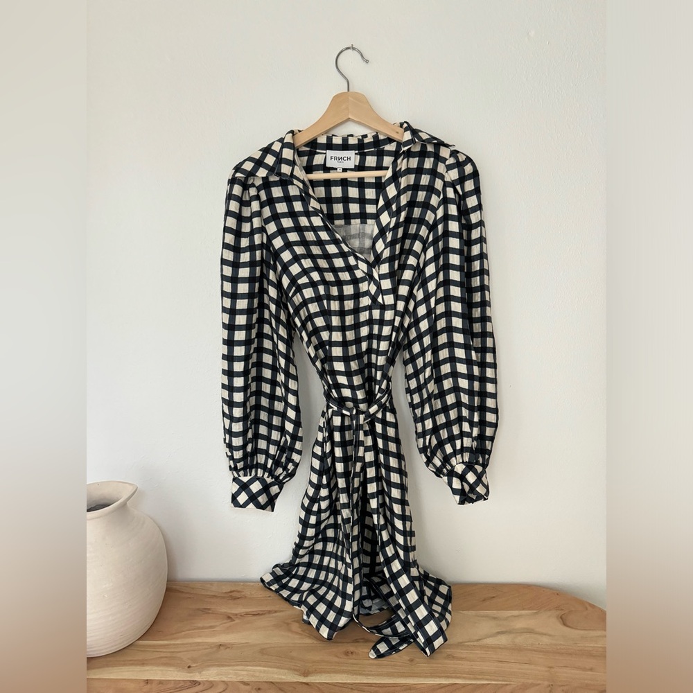 FRNCH Black and White Checked Long Sleeve Wrap Dress